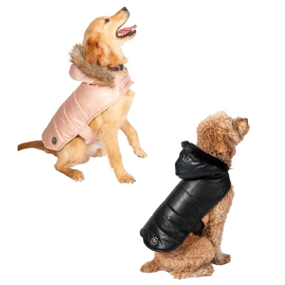 JUSTICE NWT Lot of 2: Black & Blush Pink Pet Reversible Faux Fur Puffer Coats